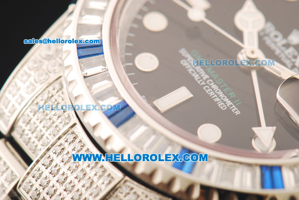 Rolex GMT-Master II Swiss ETA 2836 Automatic Movement Black Dial with White Markers and Diamond Bezel/Diamond Strap - Click Image to Close